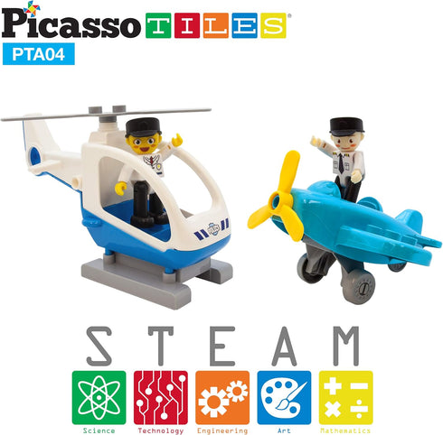 PicassoTiles 4 Piece Magnetic Figures Aircraft Action Figure Magnet Airplane Helicopter Expansion Pack Toddler Toy Set