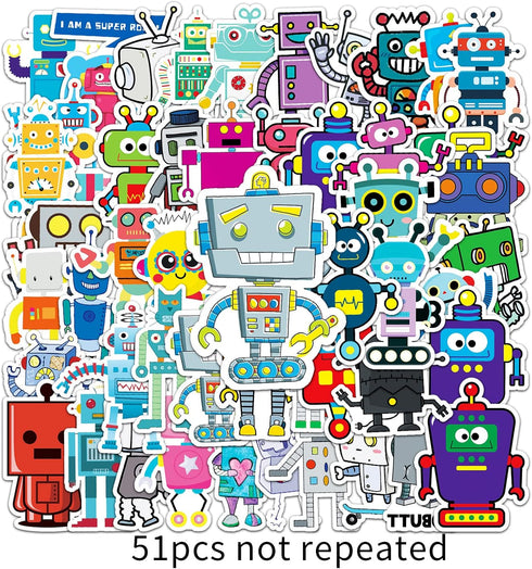 Jictegb 50 Pcs Cartoon Robot Stickers - Fun Robot Characters Designs, Premium PVC, Removable & Reusable, for Kids