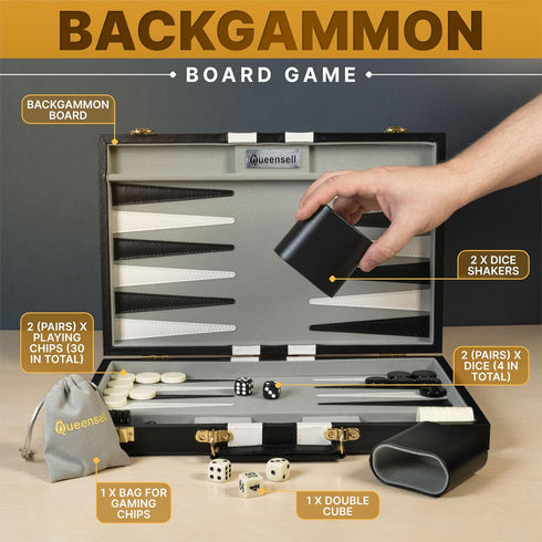 Backgammon Sets 15-Inch Set 2-Player Backgammon Set 32 for Adults Black PU Leather Board Game Classic Travel