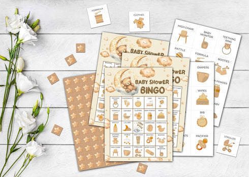 Bear Baby Shower Bingo Party Game Cards - Moon and Stars Themed for 24 Players - Pregnancy Announcement Decorations