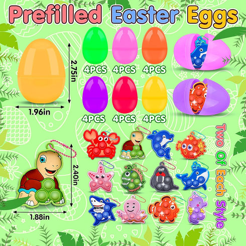 24 Pack Toys,2.7inch Kiss Monkey Prefilled Easter Eggs with Easter Eggs Filled with Sea Animal Pop Toys,Easter Basket