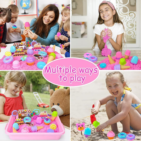 2.2lbs 3-8 Play Sand Kit for Girls, Ice Cream Sensory Bin Sandbox, Creative Bake Shop with Magic Sand, Ice Cream & Cake