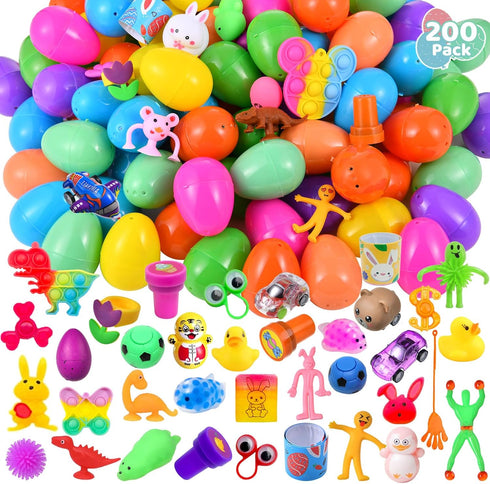 200 Pack Prefilled Easter Eggs with Mini Novelty Squishy Fidget Toys Inside Assorted Toys Great for Kids Girls Boys