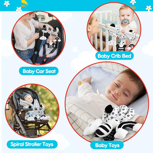 Baby Spiral Hanging Stroller and Car Seat Toys, Black and White High Contrast Sensory Toy for Newborns, Plush Activity