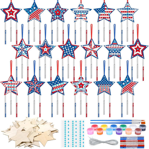 Sheroll 30 Pack 4th of July Wind Chime Kit for Kids, DIY Craft for Patriotic Star Wooden Decorations