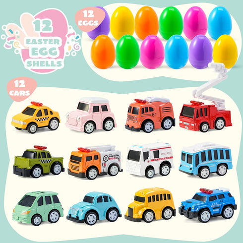 12 JOYIN Pcs Prefilled Easter Eggs with Toys, Plastic Eggs with Cute Pull Back Cars, Easter Basket Stuffers, Party