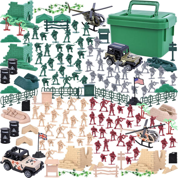 3 Otters 115PCS Military Soldier Set - Army Men Playset with Box, Jeep, Helicopter & Action Figures
