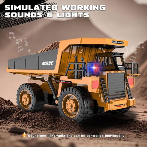 13-Channel 2.4GHz 3+ Remote Control Dump Truck Toy, Rc Construction Vehicles with Metal Bed & Light, RC Truck for Kids