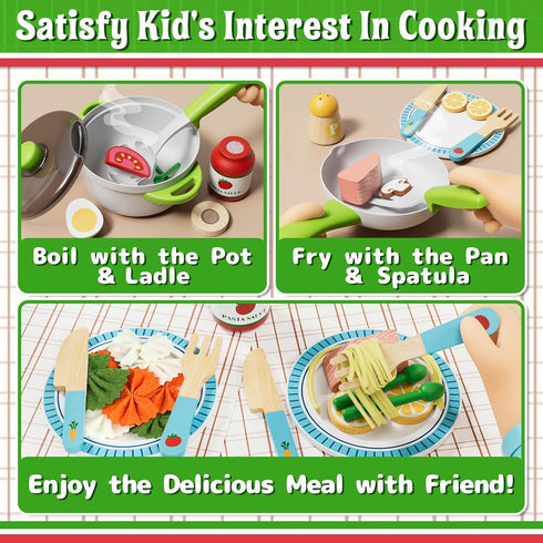 Sets 3-5 Lehoo Castle Wooden Play Food for Kids Kitchen - Pizza Toy with Pot & Pan, Play Kitchen Accessories, Pretend