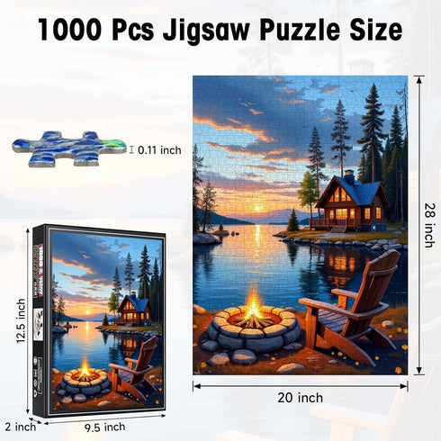1000 Sunset 20x28 Lake Cabin Puzzles for Adults Pieces, Forest Landscape Jigsaw with Bonfire Lodge, Camping Scene