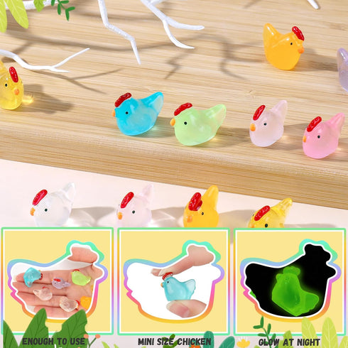 120 Pcs Luminous Mini Hens Figurines Glow in The Dark Tiny Resin Cute Chicken Miniature Ornament Charms for Dollhouse