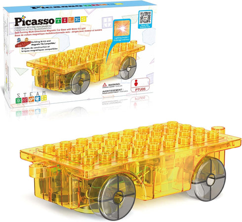 PicassoTiles Magnet Tile Motorized Car Base - Self Turning Omnidirectional Truck with Light and Motor