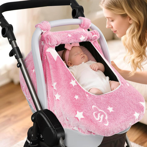 2 Car Seat Cover Baby Girls Boys, Soft Flannel Infant Carseat Cover with Zipper Windows, Star Carrier Cover Canopy Glow