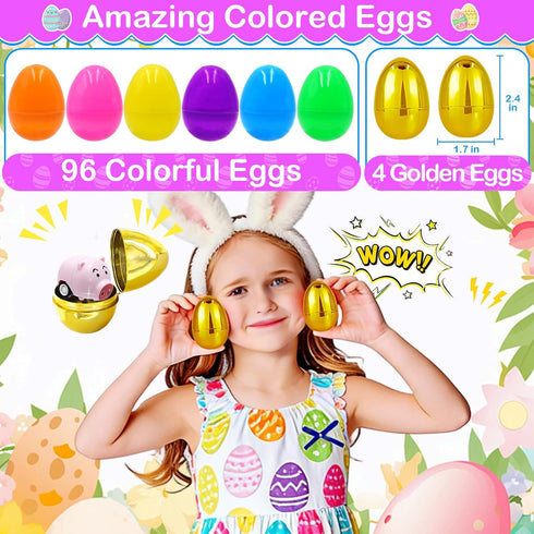 100 6 PCS Prefilled Easter Eggs with Surprise Golden Eggs & Assorted Toys, Plastic Fillers with Toys for Kid Toddler