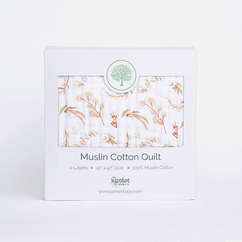 Parker Baby Muslin Blanket, 100% Soft Cotton Kids Reversible Quilt - Crib, Stroller, Tummy-Time