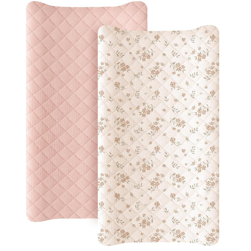 Konssy Waterproof Muslin Changing Pad Cover 2 Pack, Quilted Cotton Fitted Diaper