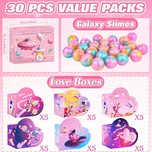 Dreunsto 30 Pack Valentines Day Gifts for Kids with Galaxy Slime, Valentine Classroom Exchange Prizes, Slimes Stress