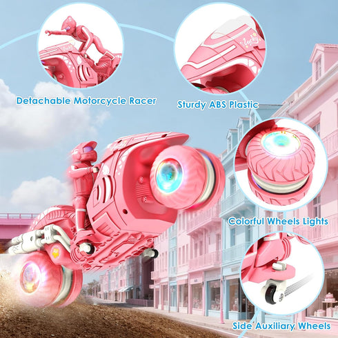 360 2.4Ghz 5-12 RC Motorcycle Toy with RGB Wheels Light, Rotation High Speed Remote Control Dirt Bike with Rider