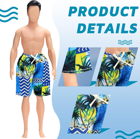 Bencailor 6 Pcs Doll Clothes Boy Doll Beach Shorts Tropical Print Swimsuit Accessories for Boy Dolls