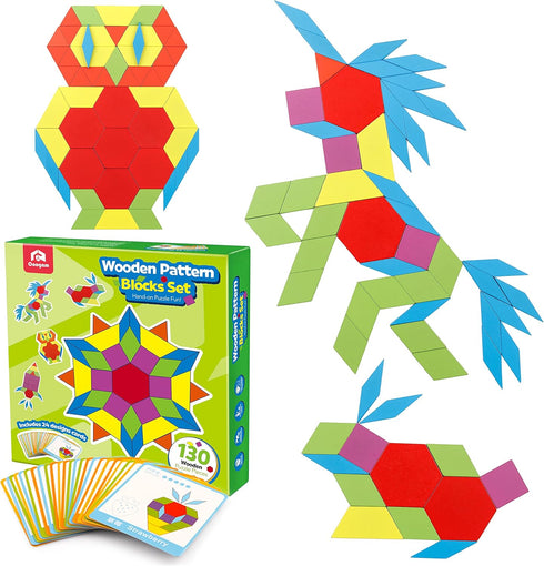 Coogam Wooden Pattern Blocks Set 130PCS Geometric Color Shape Manipulative Puzzle Graphical