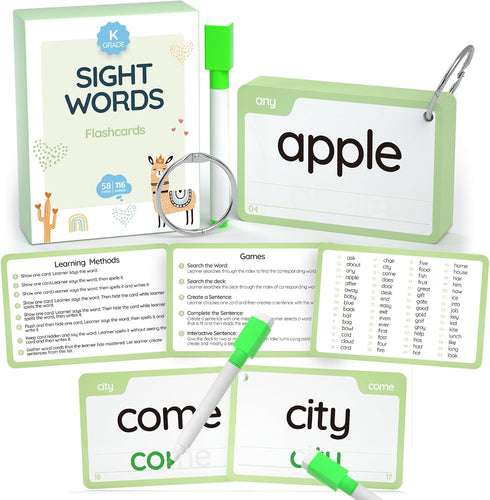 WJPC 58 Cards, 116PCS High Frequency Sight Words Flash Cards (Kindergarten), Phonics Learning