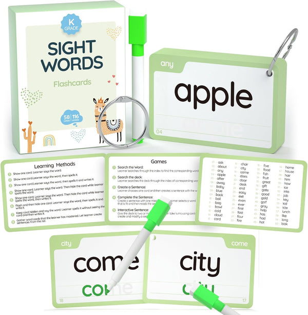 WJPC 58 Cards, 116PCS High Frequency Sight Words Flash Cards (Kindergarten), Phonics Learning