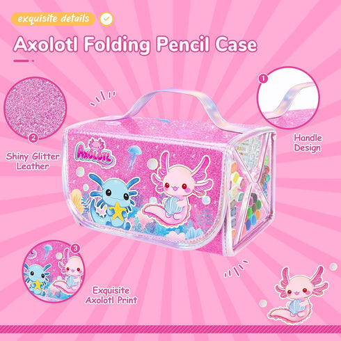 DreamyCandy 70PCS Set 4-6-8,Drawing Axolotl Washable Markers with Glitter Pencil Case,Art Supplies for Kids Ages