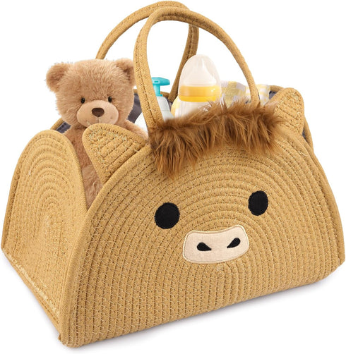 Highland Cute Cow Baby Diaper Caddy Organizer, Woven Cotton Rope Basket for Nursery, Portable Diaper Caddy Empty Gift