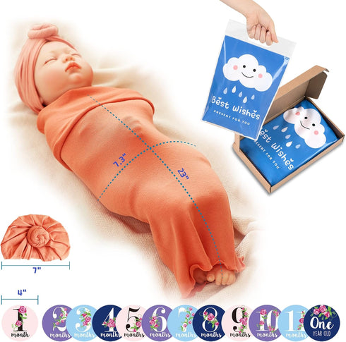 Trilly Set 12 Baby Swaddle Blanket with Turban - Coral Pink, Milestone Stickers for Girls - Newborn Swaddle Blankets