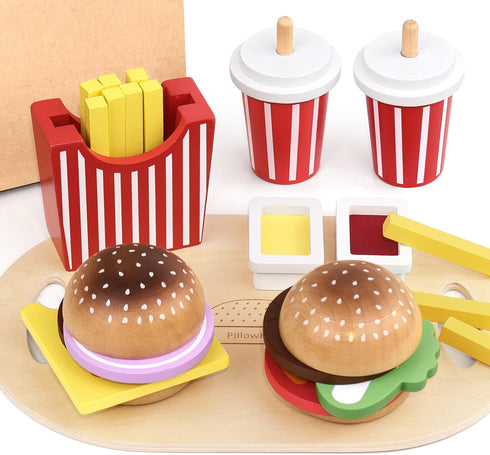 Pillowhale Wooden Play Food Set for Kids - 26 Pcs Hamburger Pretend