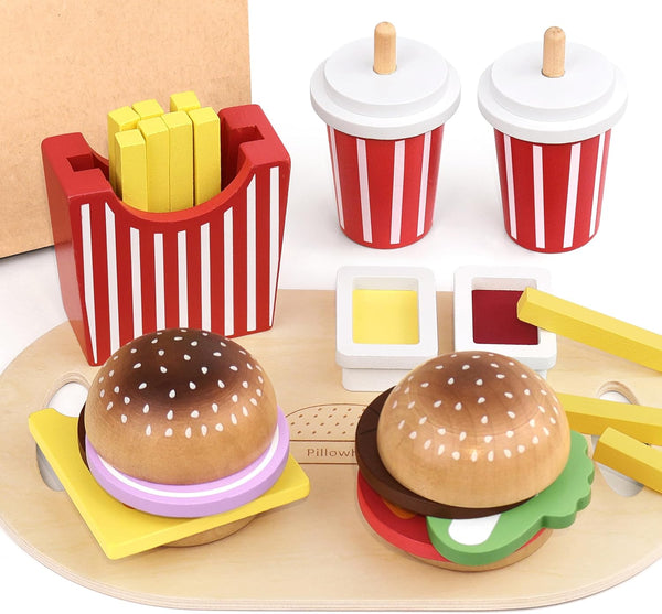 Pillowhale Wooden Play Food Set for Kids - 26 Pcs Hamburger Pretend