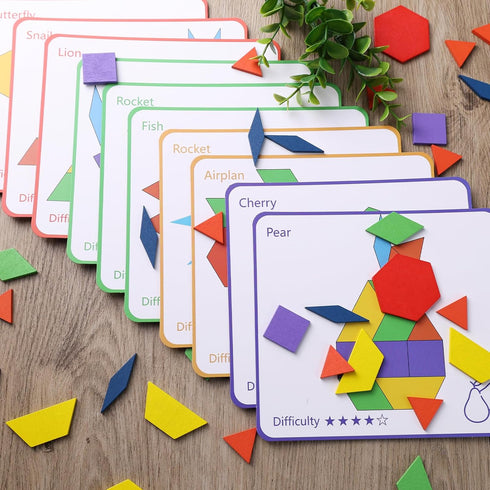 LovesTown 150PCS Wooden Pattern Blocks, Geometric Shapes Tangram Puzzles for Kids with Educational Cards