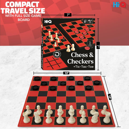 Hi-Q 3-in-1 Set Chess, Checkers & Tic-Tac-Toe Game Double-Sided Folding Board Staunton Style Pieces & Interlocking