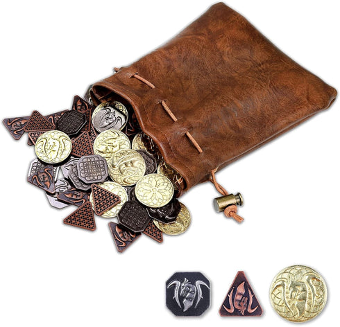 60PCS DND Coins with Leather Pouch, Gold, Silver, and Copper Fantasy Coins for Board Games, Role-Playing Tokens