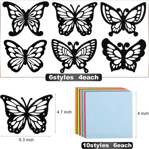 Outus 24 Sets 60 Butterfly Suncatchers Crafts Kit Butterfly Shaped Suncatchers with Pcs Colored Paper Stained Glass