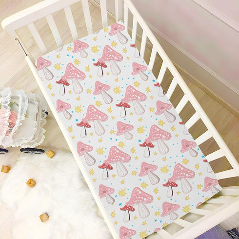 SDMKA 27x39 Inch Pink Orange Mushrooms Crib Sheets for Boys Girls - Portable Microfiber Fitted Crib Sheet for Playard