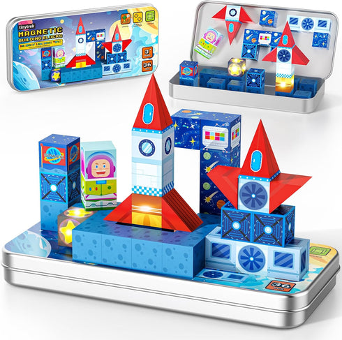 36 PCS Mini Magnetic Tiles Travel Set with Portable Iron Storage Box,