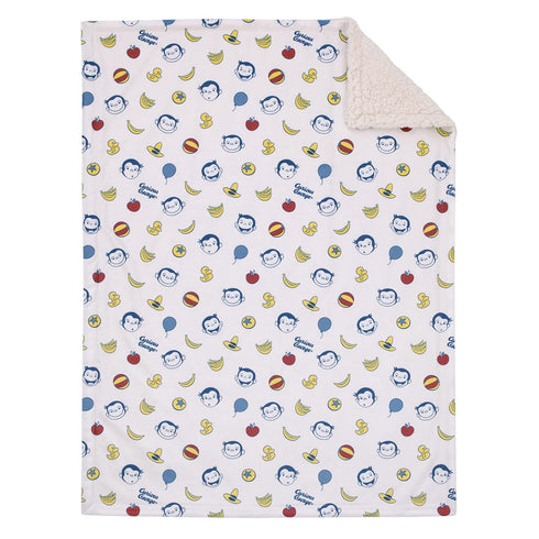 Welcome to The Universe Baby Blanket, Super Soft Sherpa with Curious George, White, Blue, Red, Yellow Balloons