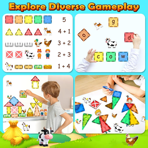 Set, Immersive 3-5, 3D Magnetic Tiles Farm Animals Storytelling Building Blocks for Toddlers Farm House STEM Toys