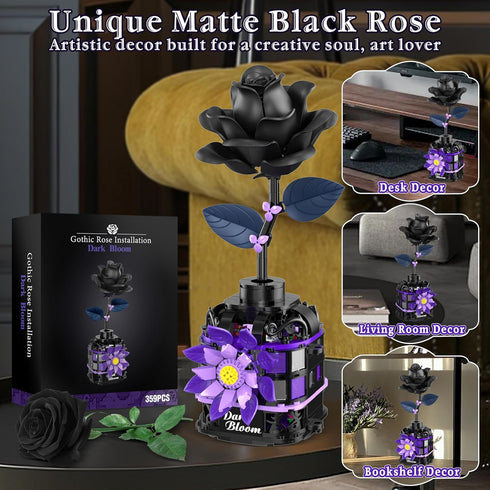 Sets 359 Alagoo Gothic Black Roses Building Blocks Kit, Mysterious Dark Bloom with Vase Toy Building for Boys Girls
