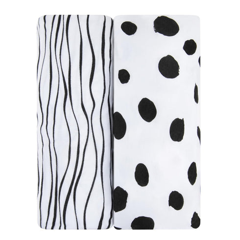 Bassinet Sheet Set 2 Pack - 100% Jersey Cotton Black and White Abstract Stripes and Dots by Ely's & Co