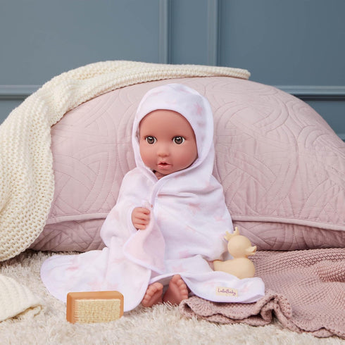 14-Inch 2+ LullaBaby Hooded Bath Towel in Pink Star Pattern Bath Toys & Pink Ducky Baby Doll Accessories Pretend Play