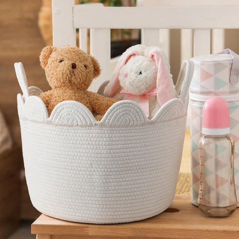 LemonRoad 15.8"L 15.8"W X13.8"H Closet White Round Basket Large Blanket Basket x Scalloped Woven Baskets Cotton Storage