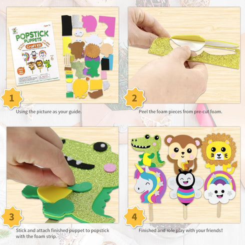 VKPI 6 Popstick Puppets Craft Kits for Kids, Foam Art Crafts Gift, Story Time Toys for Ages 4+, Birthday Party Supplies