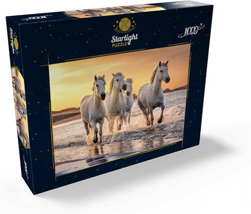 1000 MyPuzzle White Camargue Horses Galloping On A Beach in France - Premium Piece Jigsaw Puzzle for Adults