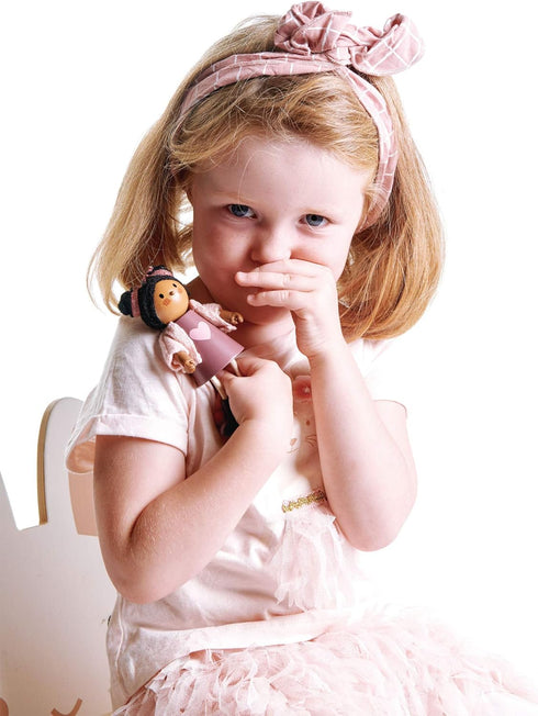 Tender Leaf Toys - Ayana and Her Cat - Wooden Miniatures Flexible Doll, Multicultural Action Figure for Dollhouse,