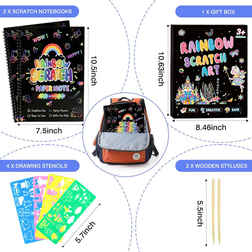 VVSBPL 2 Pack 3-10 Scratch Art Crafts Kit for Kids Rainbow Scratch Paper Notebooks with Wooden Styluses and Drawing