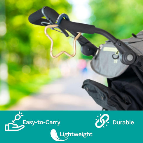 BUGGY GEAR STAR HOOK by BUGGYGEAR, Gold/Navy Leather Hook for Carrying Baby Diaper Bag on Stroller Handle Bars