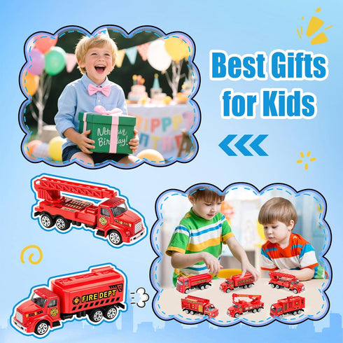 6 Pack 3-5, Playset 3-9 QUANA Diecast Fire Truck Goodie Bag Stuffers, Mini Firetruck Toys for Toddlers City Fire Trucks