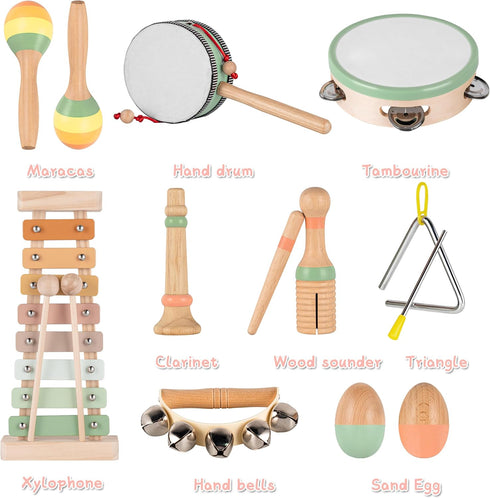 1-3, Set VINJOE Baby Musical Instruments-Toddler Montessori Wooden Musical Toys for Kids Neutral Colors Percussion